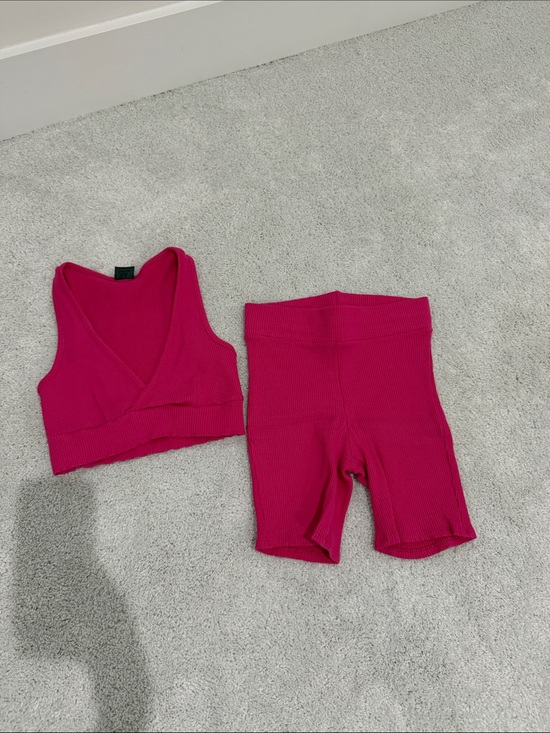 Pants - Pink Ribbed High-Waist Bike Shorts and top set